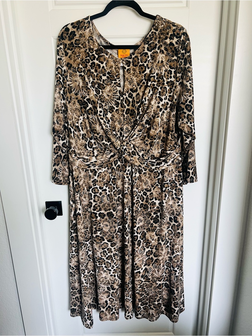 Ruby Rd. Leopard Print Twist-Waist Long Sleeve Dress - Brown/Black